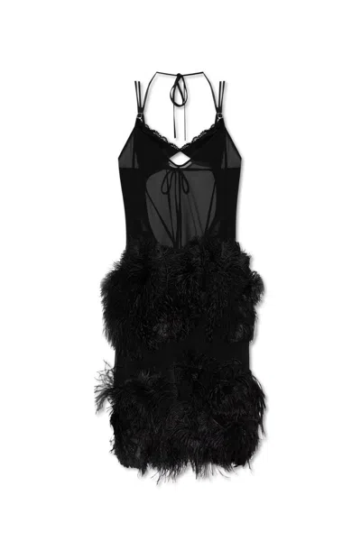 ATTICO FEATHER EMBELLISHED SPAGHETTI STRAP MIDI DRESS