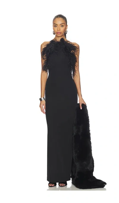 Attico Long Dress Cady Ostrich Feathers Detail In Brown