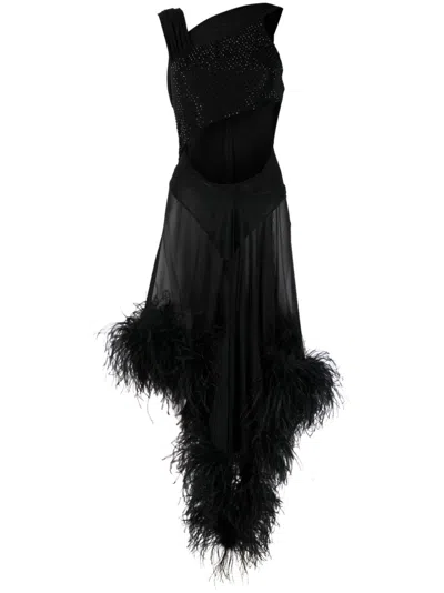 Attico Feather-trimmed Asymmetric Dress In Black