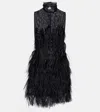 Attico Feathered High Neck Dress With Sheer Overlay In Black