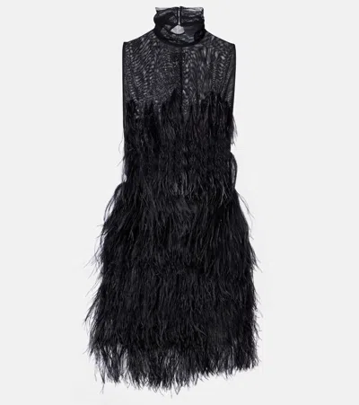 ATTICO FEATHER-TRIMMED EMBROIDERED MINIDRESS