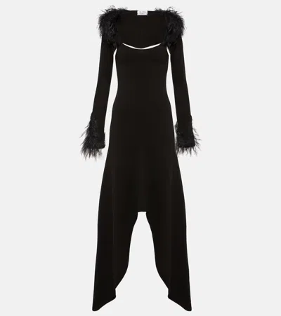 Attico Fur-trimmed Jersey Maxi Dress In Black