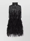 Attico Feathered High Neck Dress With Sheer Overlay In Black