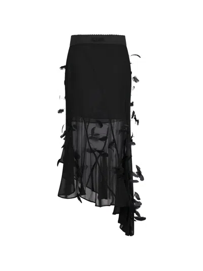 Attico Feather-embellished Asymmetric Midi Skirt In Black