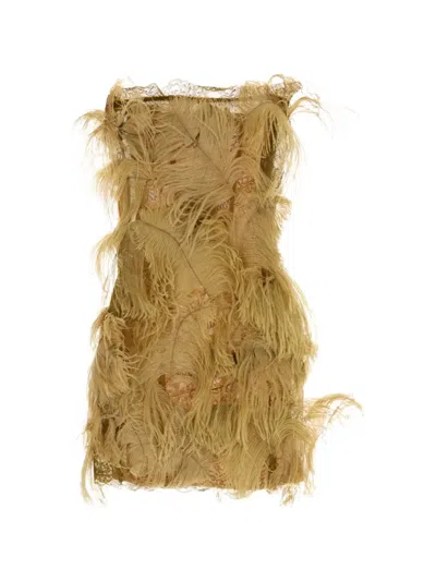 Attico Strapless Lace And Mesh Mini Dress With Fringe In Brown