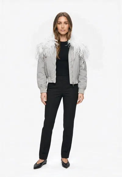 Attico Feather-trimmed Cropped Bomber Jacket In Gray
