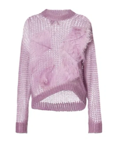 Attico Feather-trimmed Open-knit Mohair-blend Sweater In Pink