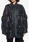 Attico Oversize Cotton Fern Denim Jacket With Button And Drawstring In Blue