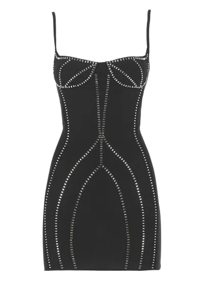 ATTICO FITTED BLACK DRESS WITH STRASS EMBELLISHMENTS