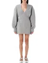 Attico Fleece Mini Dress V Neck In Gray