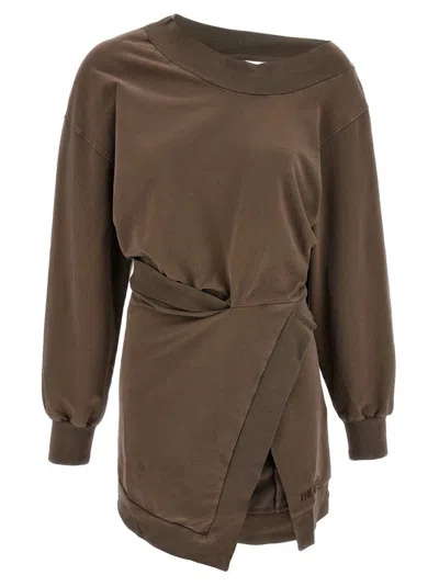 Attico Brown Off-shoulder Mini Dress With Logo Lettering On The Hem