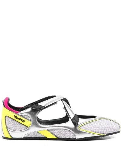 Attico Futuristic Silver Holographic Ballerina Flats With Criss-cross Velcro Fastening