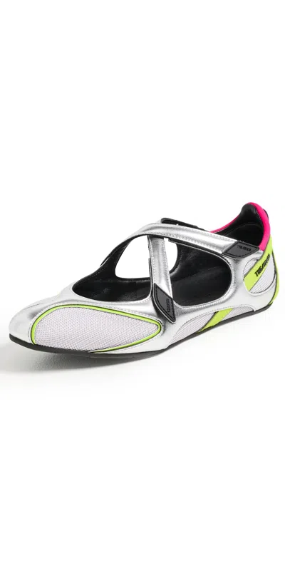 Attico Futuristic Silver Holographic Ballerina Flats With Criss-cross Velcro Fastening
