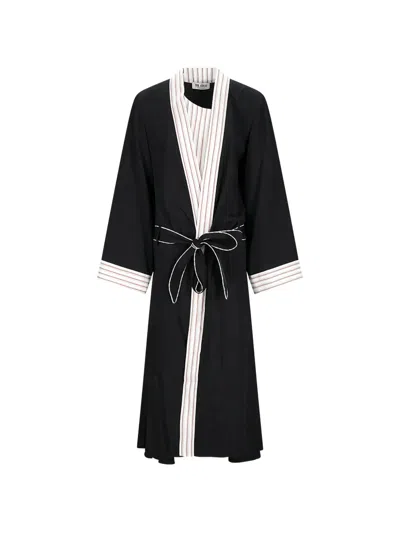 Attico Floral-jacquard Striped-trim Trench Coat In Black