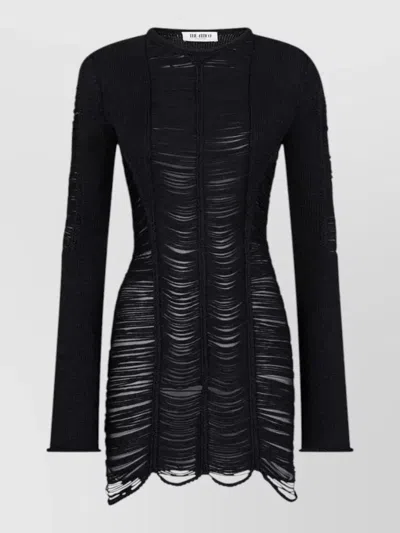 Attico Fringe Mini Dress Round Neckline Sheer In Black