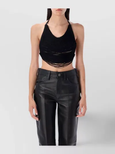 Attico Fringed Halterneck Crop Top In Black