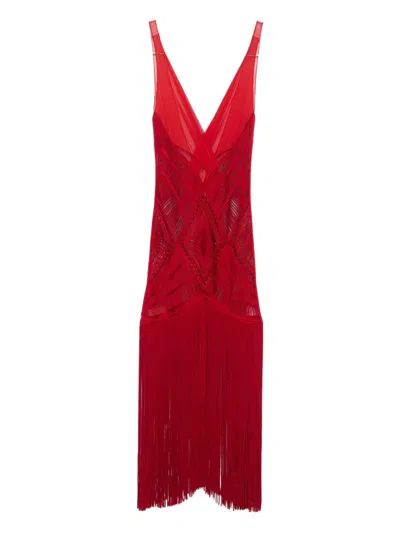 Attico Fringed Midi Dress In Red