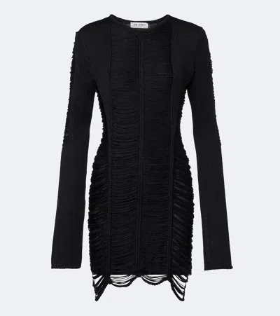 Attico Long Sleeve Fringe Backless Viscose Dress In Black