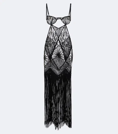 Attico Fringed Open-knit Midi Dress In Black