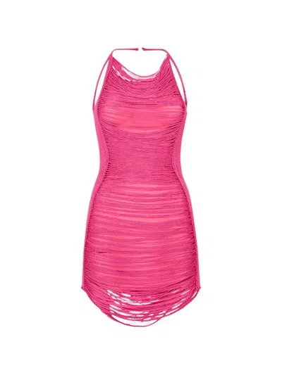 Attico Fringe-detail Halterneck Mini Dress In Pink