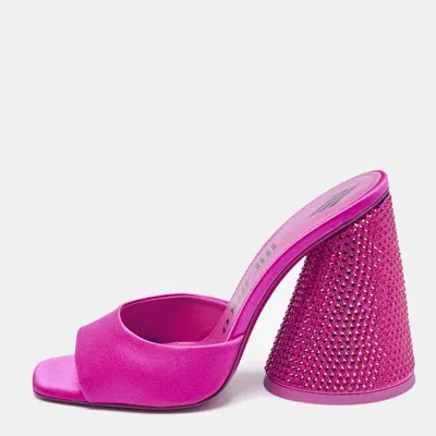 Pre-owned Attico Fuchsia Satin Crystal Embellished Luz Mules Size 37 In Pink
