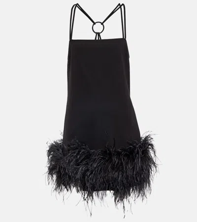 Attico Fujiko Feather-trim Side-slit Strappy Mini Dress In Black