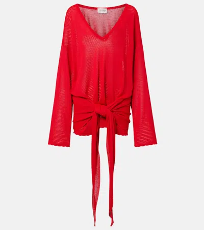Attico Gathered Open-knit Minidress In Red