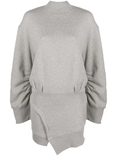 Attico Gathered-sleeve Sweatshirt Minidress In Grey