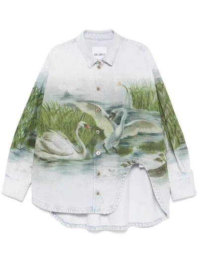 Attico Blue Swan Print Denim Shirt In 024 Sky Blue