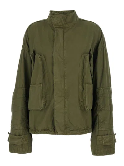Attico Green Jacket With High Neck And Logo Patch On The Rear In Cotton Woman