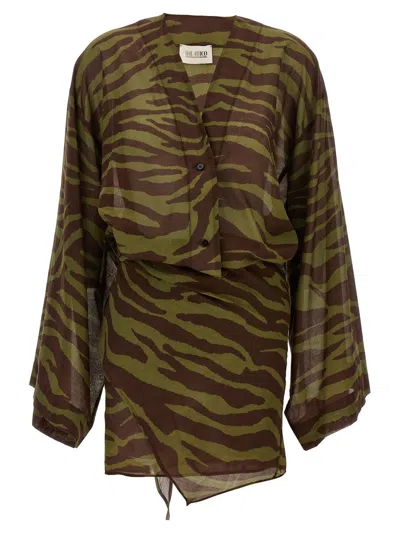 Attico Green Mini Dress With Plunging V Neck And All-over Print In Cotton Woman In Green/brown