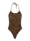 Attico Green Swimsuit With Halterneck With Tie And All-over Print In Tech Fabric Stretch Woman