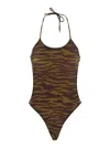 Attico Green Swimsuit With Halterneck With Tie And All-over Print In Tech Fabric Stretch Woman