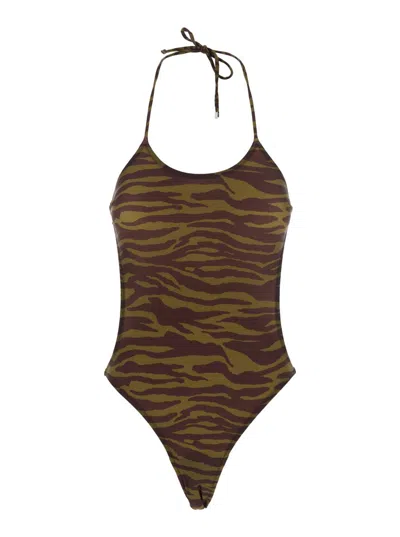 ATTICO GREEN SWIMSUIT WITH HALTERNECK WITH TIE AND ALL-OVER PRINT IN TECH FABRIC STRETCH WOMAN