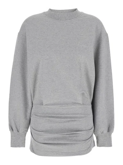 ATTICO GREY CREWNECK MINI DRESS WITH LOGO LETTERING ON THE FRONT AND TIGHT SKIRT IN COTTON STRETCH WOMAN
