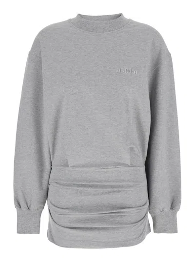 ATTICO GREY CREWNECK MINI DRESS WITH LOGO LETTERING ON THE FRONT AND TIGHT SKIRT IN COTTON STRETCH WOMAN