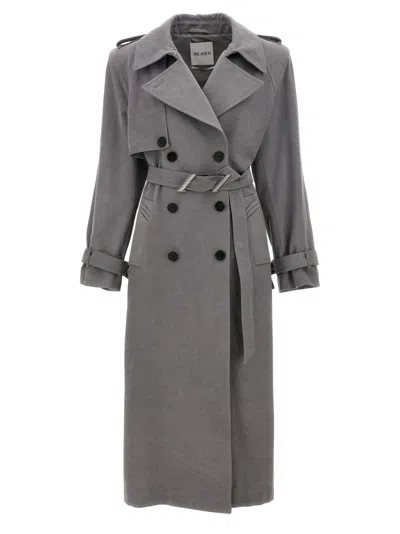 Attico Belted Long Trench Coat In Gray