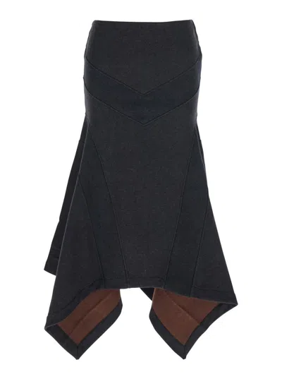 Attico Grey Midi Skirt With Logo Lettering And Handkerchief Hem