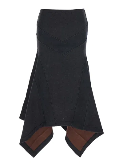 ATTICO GREY MIDI SKIRT WITH LOGO LETTERING AND HANDKERCHIEF HEM IN COTTON WOMAN
