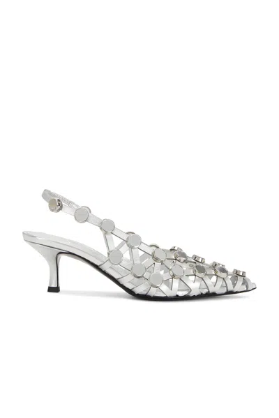 Attico Grid Studded Metallic Leather Slingback Pumps In Silver