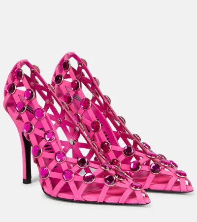 Attico Grid Crystal-embellished Suede High-heeled Sandals In Pink