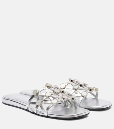 Attico Grid Embellished Leather Flat Sandals In White