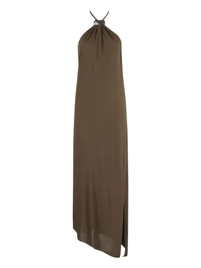 Attico Halter-neck Asymmetrical Midi Dress In Brown