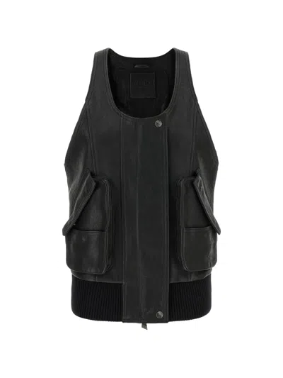 Attico Sleeveless Jacket Vest Front Pockets Ribbed Hem In Black