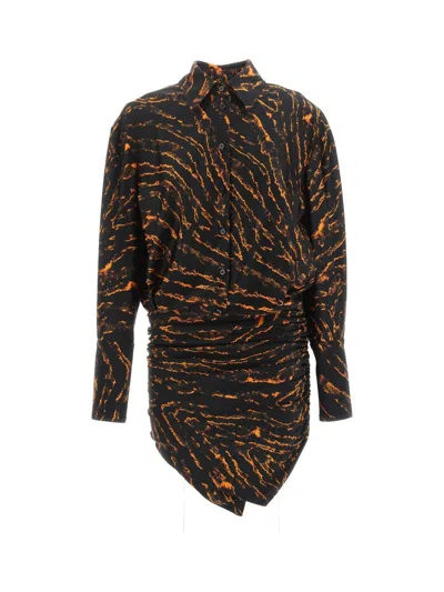 Attico Hatty Abstract Print Shirt Dress In Black/orange