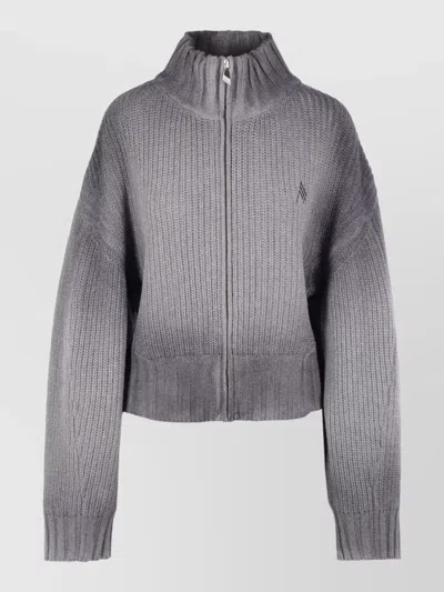 Attico High Collar Ribbed Cardigan Embroidered Detail In Gray