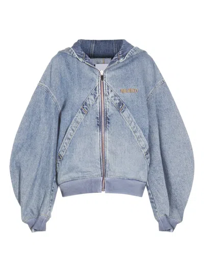 Attico Hooded Denim Bomber Jacket In Blue