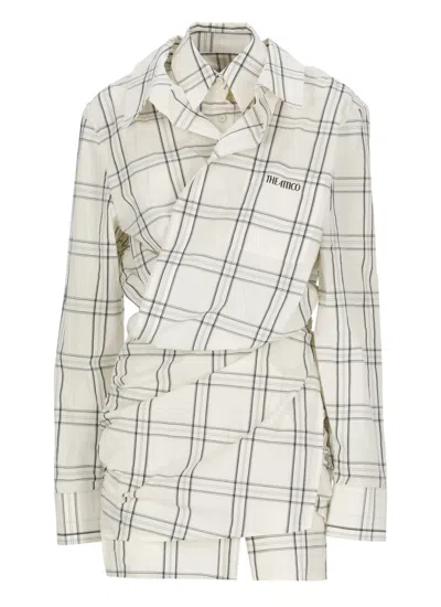 Attico Ivory Cotton Check Chemisier Dress With Asymmetric Hem In White