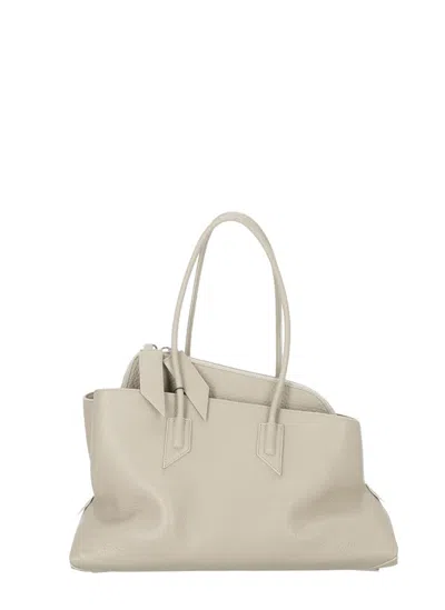 Attico Ivory Leather Shoulder Bag With Embossed Logo And Spacious Design In Neutral