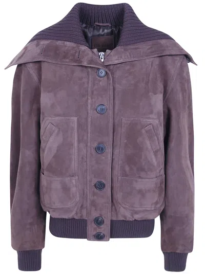 Attico Suede Bomber Jacket Ribbed Collar Cuffs In Purple
